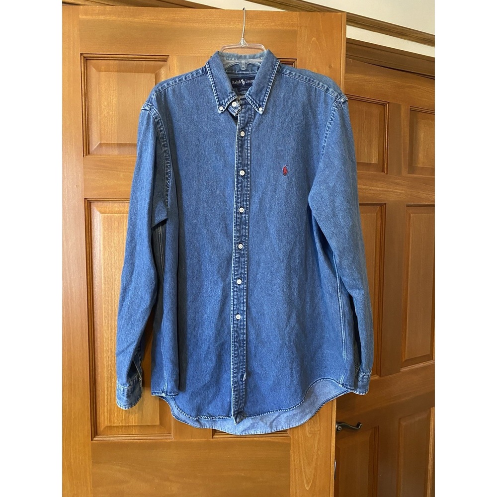 VTG Polo Ralph Lauren Denim Shirt Mens XL Red Pony 90s Y2K Faded Wash Button